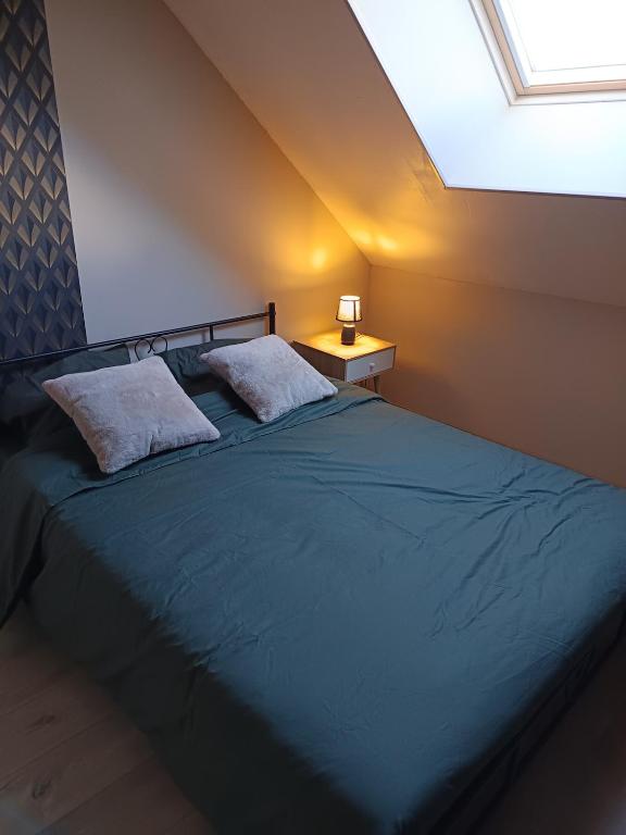 Chambre principale, lit double, literie verte, velux